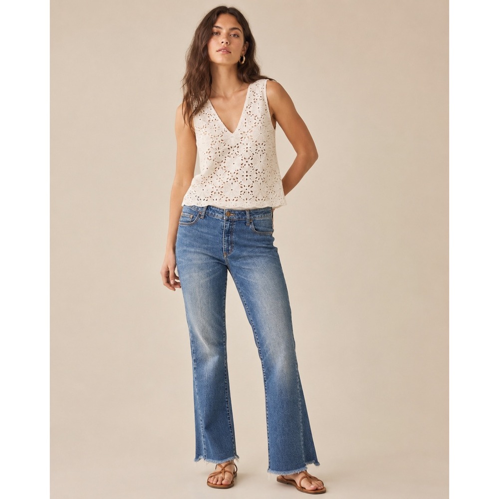 Pilcro Anthropologie Womens Flare Jeans 12 Blue Raw Hem Boho Denim Pants READ